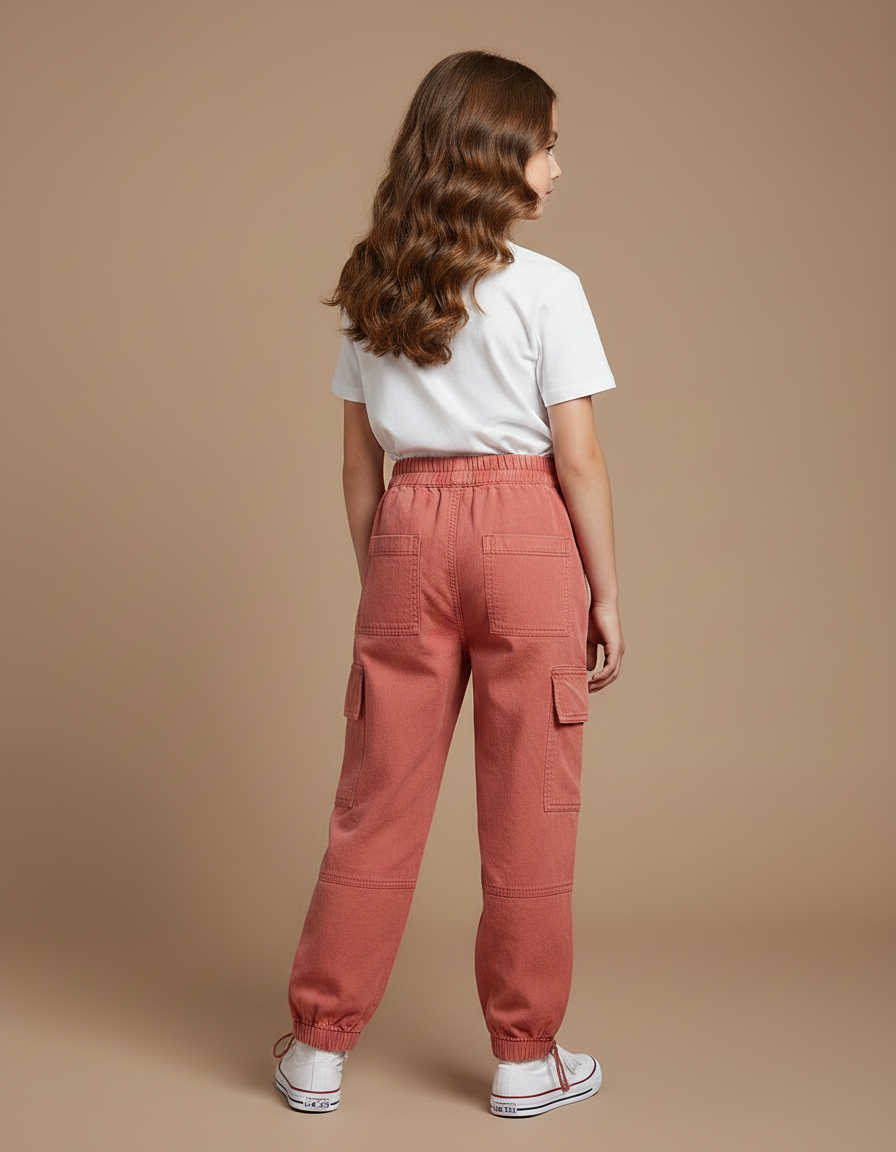 Pantalon Parachute Enfant Cargo Coton Rose Ample - vue 2
