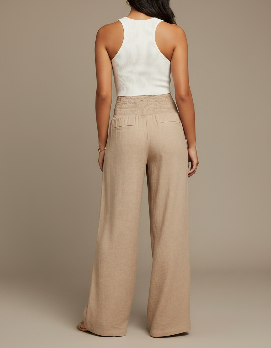 Pantalon Parachute Fluide Ample Smocké Beige Femme - Lin - vue 2