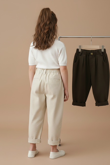 Pantalon Parachute Enfant Coton Ample Décontracté Beige - Toile - vue 2