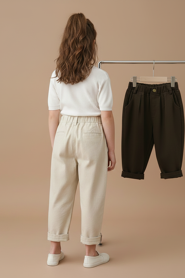 Pantalon Parachute Enfant Coton Ample Décontracté Beige - Toile - vue 2