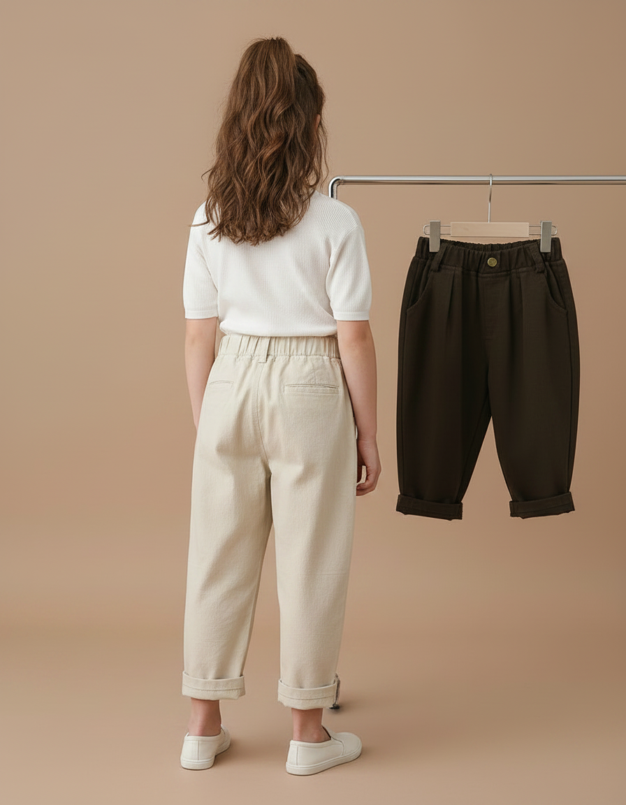 Pantalon Parachute Enfant Coton Ample Décontracté Beige - Toile - vue 2
