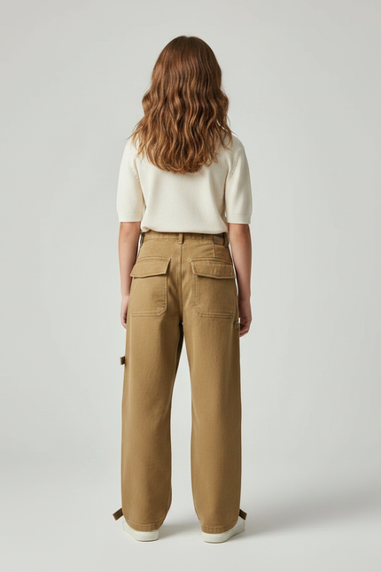 Pantalon Parachute Marron Cargo Ample Fille - Kaki Toile - vue 2