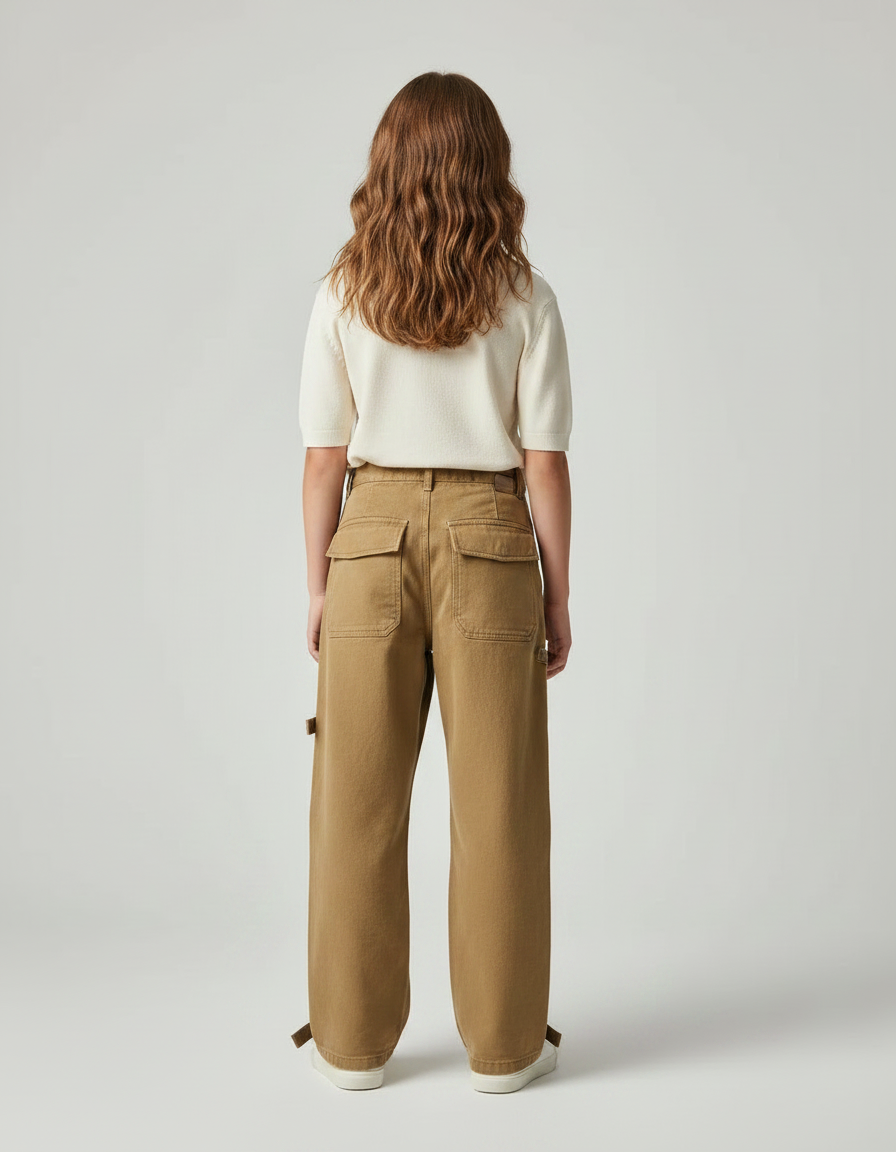 Pantalon Parachute Marron Cargo Ample Fille - Kaki Toile - vue 2