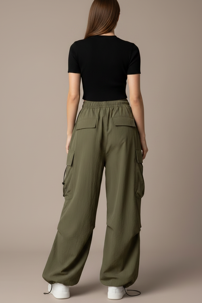 Pantalon Parachute Kaki Ample Cargo Femme Fluide - Polyester - vue 2