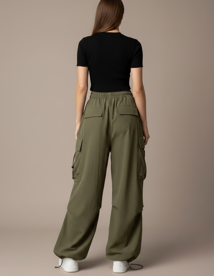 Pantalon Parachute Kaki Ample Cargo Femme Fluide - Polyester - vue 2