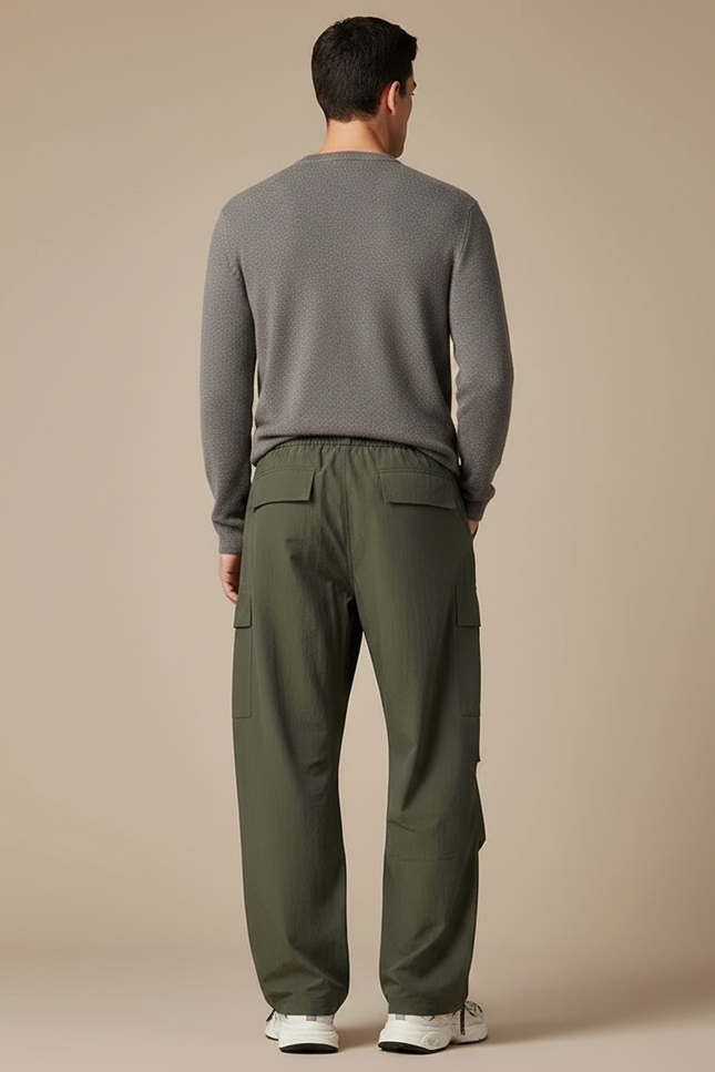 Pantalon Parachute Kaki Ample Cargo Cordon Homme - Polyester - vue 2