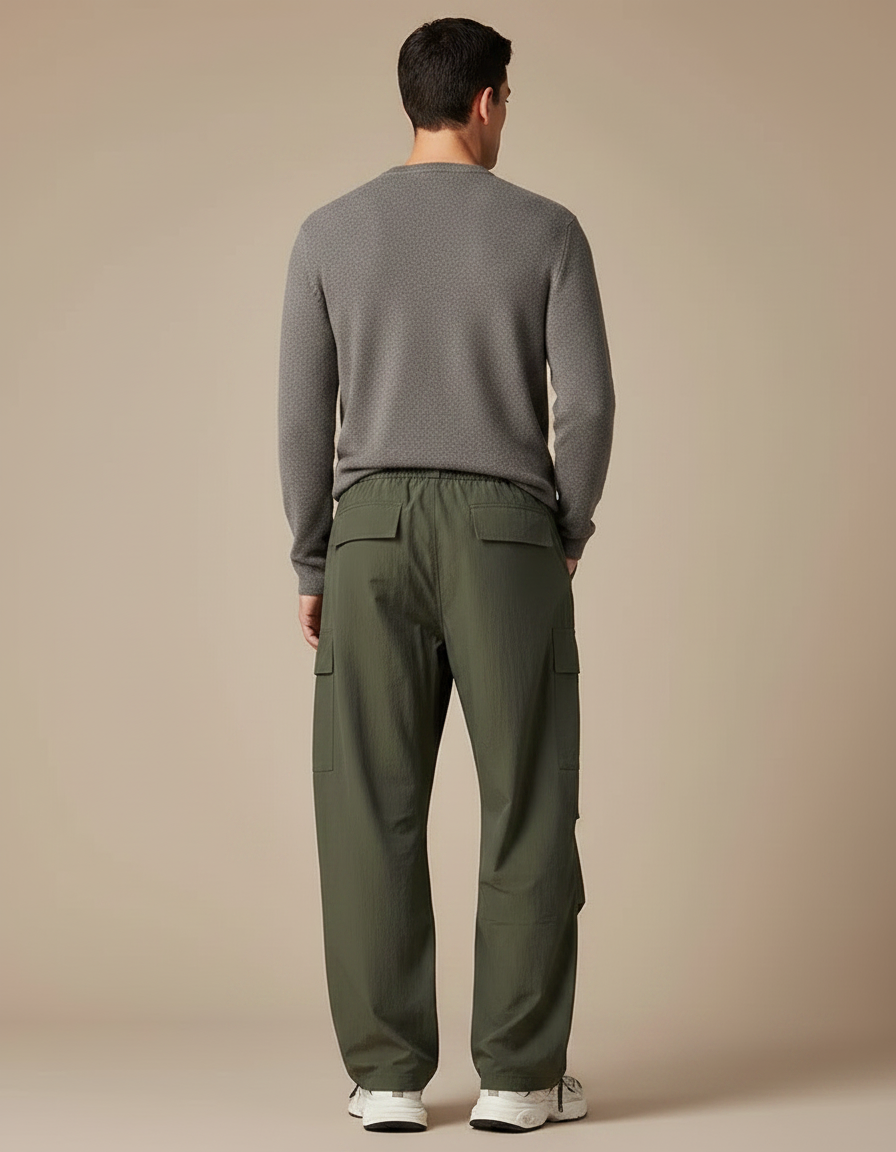 Pantalon Parachute Kaki Ample Cargo Cordon Homme - Polyester - vue 2