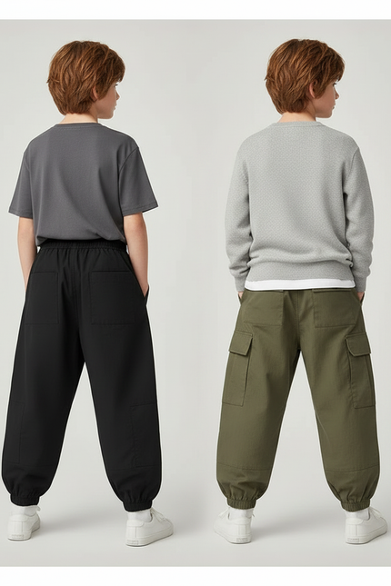 Pantalon Parachute Cargo Ample Garçon Décontracté Moderne - Kaki Gabardine - vue 2