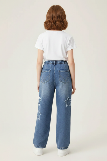 Pantalon Parachute Denim Ample Étoiles Fille Bleu Décontracté - Jean - vue 2