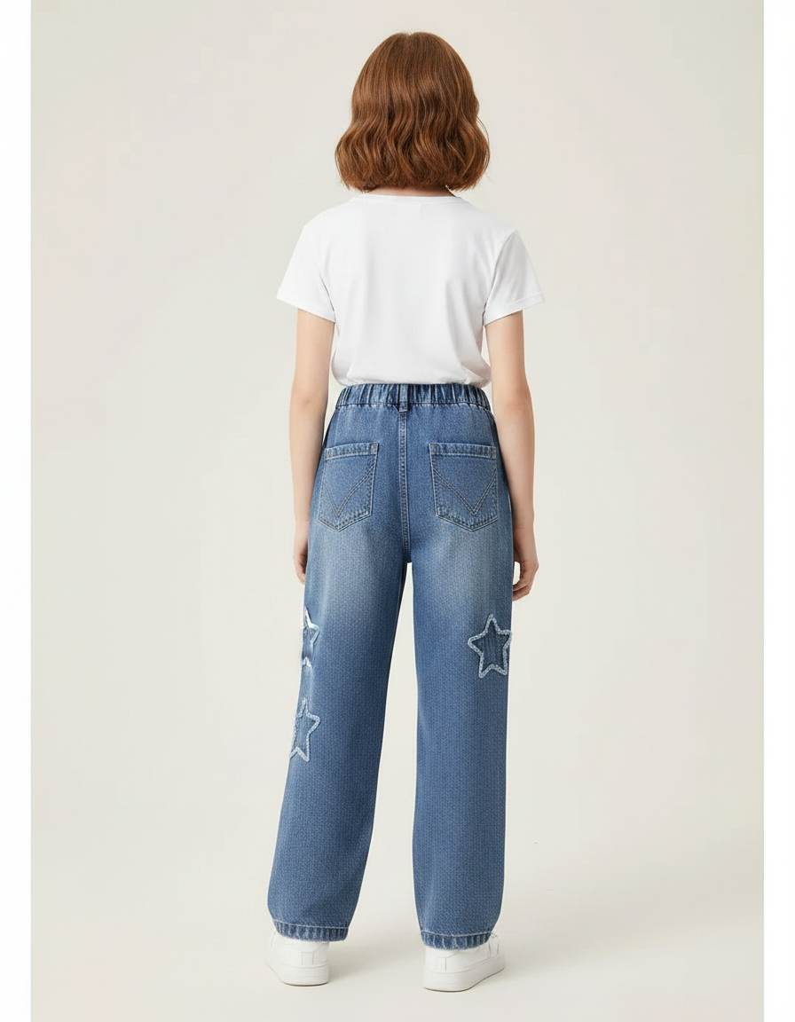 Pantalon Parachute Denim Ample Étoiles Fille Bleu Décontracté - Jean - vue 2