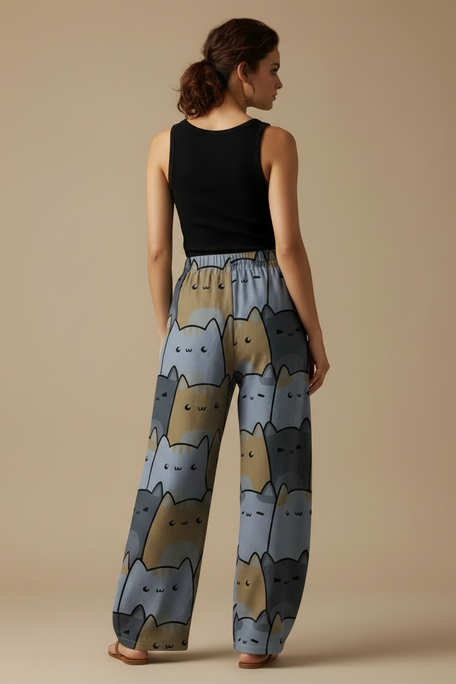 Pantalon Parachute Chats Imprimés Ample Décontracté Fluide Poches - Viscose - vue 2