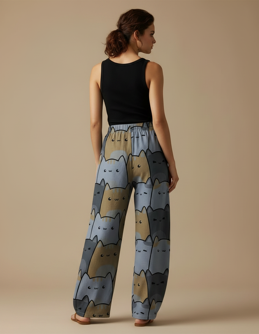 Pantalon Parachute Chats Imprimés Ample Décontracté Fluide Poches - Viscose - vue 2