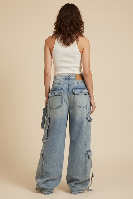 Pantalon Parachute Jean Ample Délavé Multipoches Ajustable - Bleu - vue 2