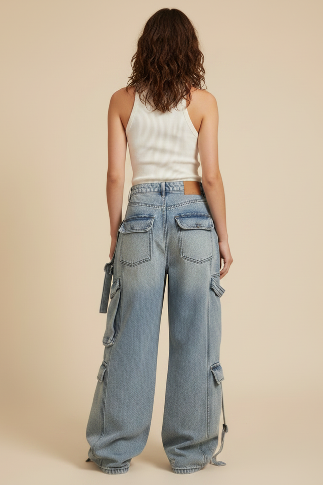 Pantalon Parachute Jean Ample Délavé Multipoches Ajustable - Bleu - vue 2