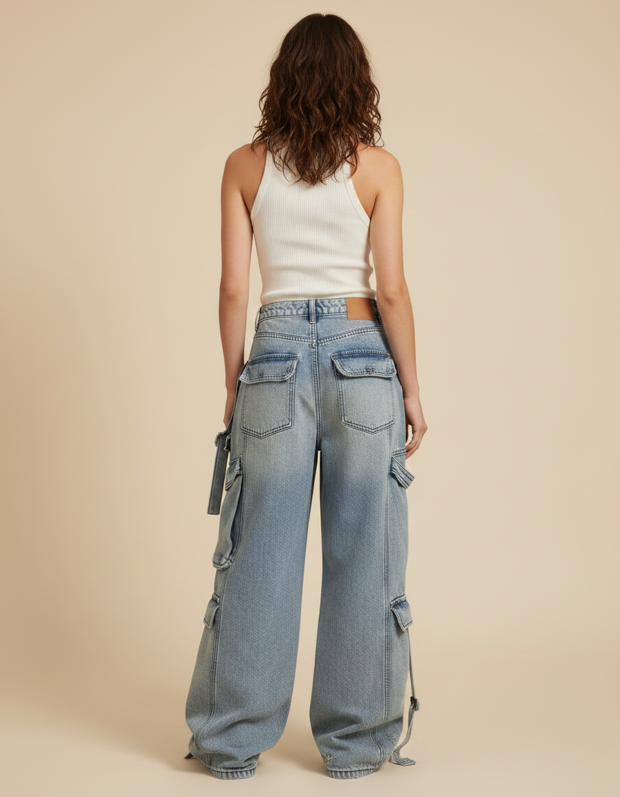 Pantalon Parachute Jean Ample Délavé Multipoches Ajustable - Bleu - vue 2