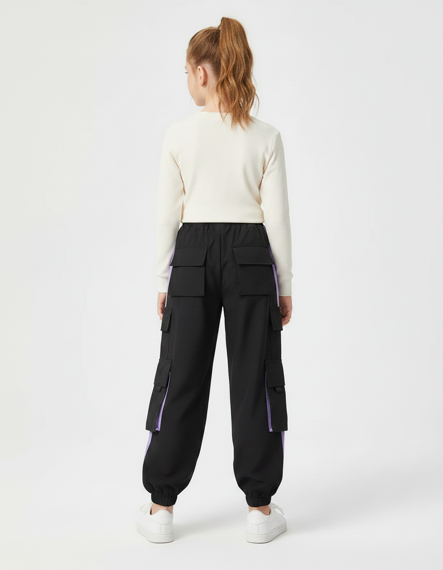 Pantalon Parachute Noir Violet Ample Cargo Streetwear - Polyester - vue 2
