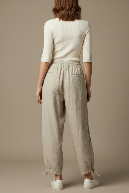 Pantalon Parachute Lin Beige Ample Imprimé Floral Décontracté - vue 2