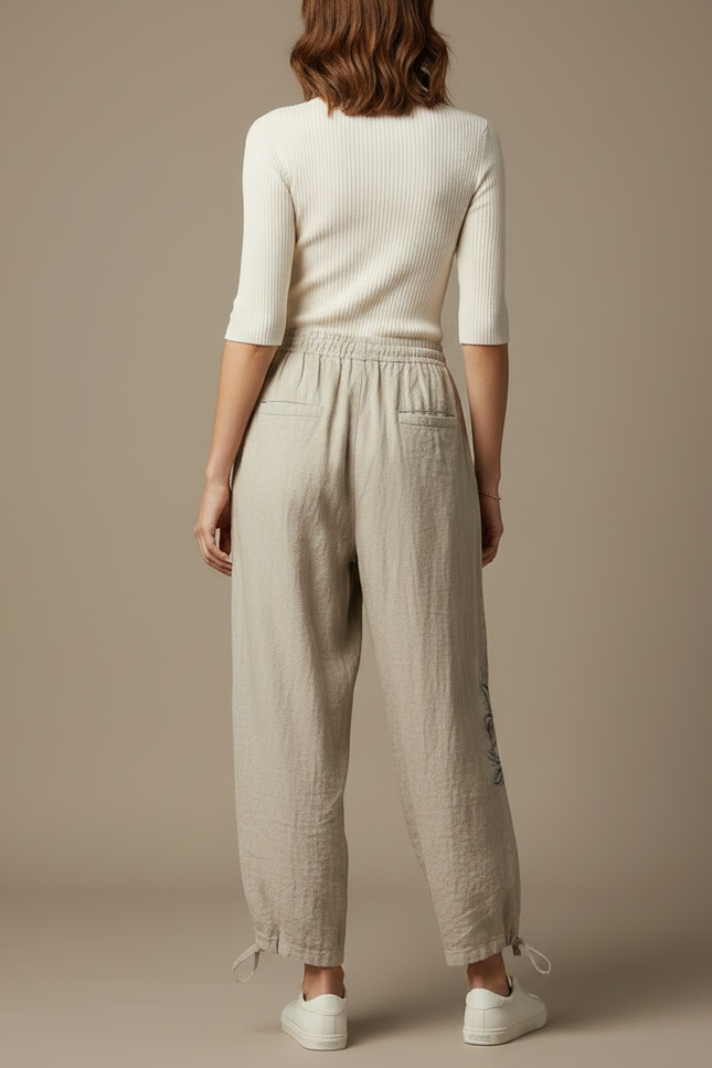 Pantalon Parachute Lin Beige Ample Imprimé Floral Décontracté - vue 2