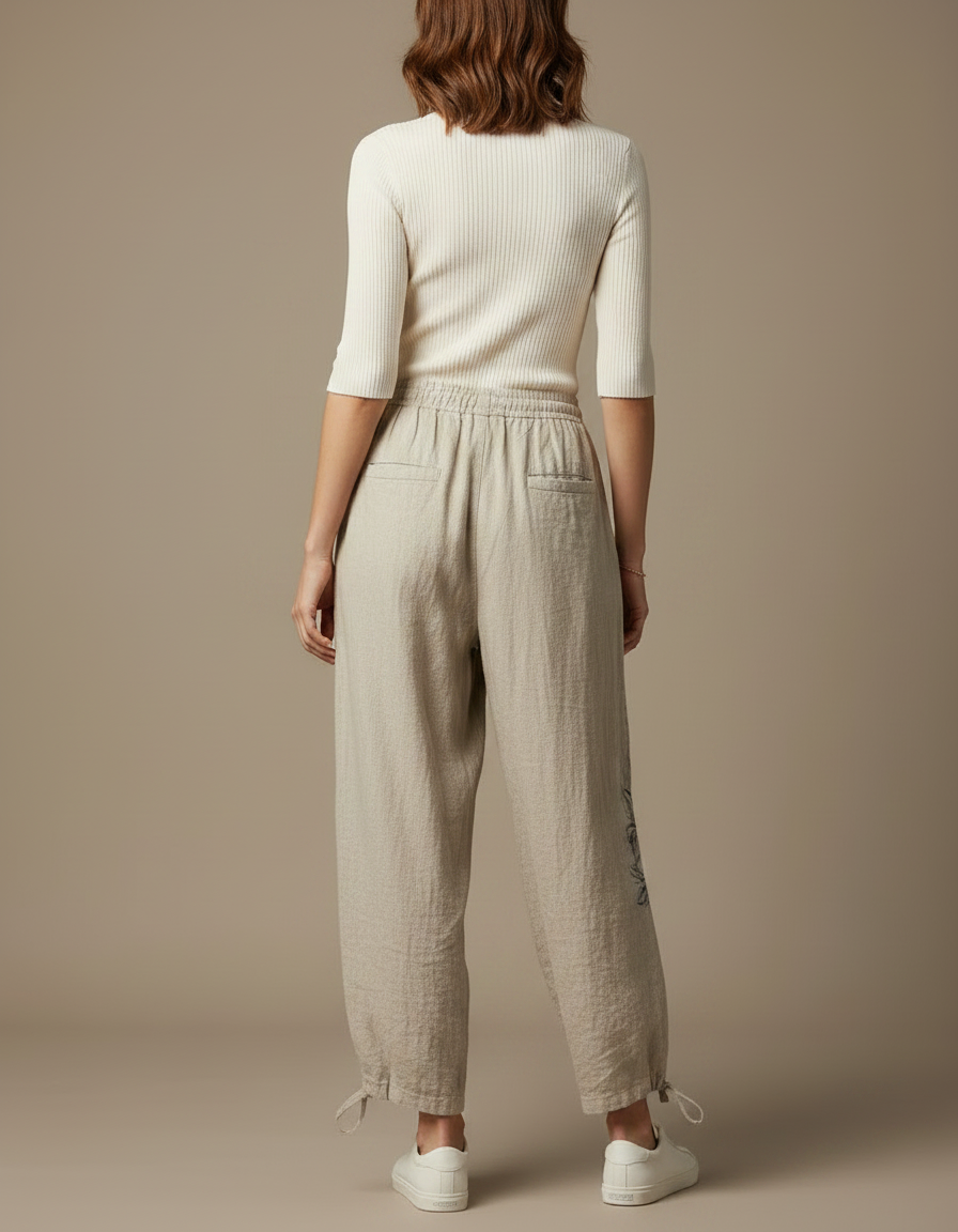 Pantalon Parachute Lin Beige Ample Imprimé Floral Décontracté - vue 2
