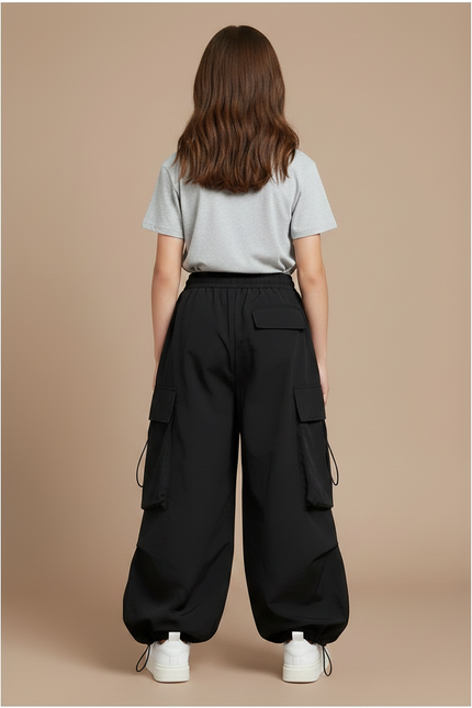 Pantalon Parachute Noir Cargo Ample Décontracté Fille - Polyester - vue 2