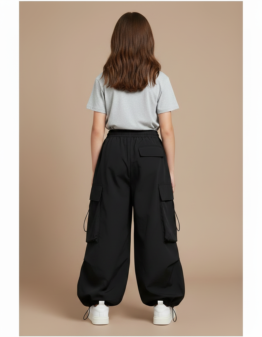 Pantalon Parachute Noir Cargo Ample Décontracté Fille - Polyester - vue 2