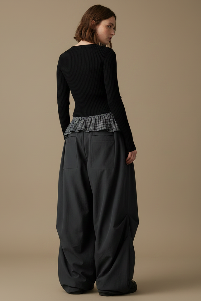 Pantalon Parachute Noir Ample Plissé Jupe Écossaise - Polyester - vue 2