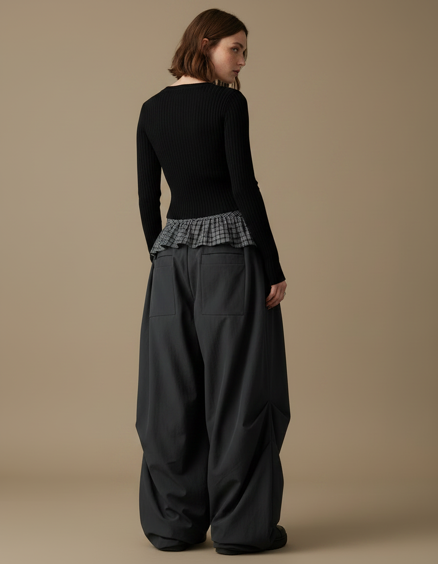 Pantalon Parachute Noir Ample Plissé Jupe Écossaise - Polyester - vue 2