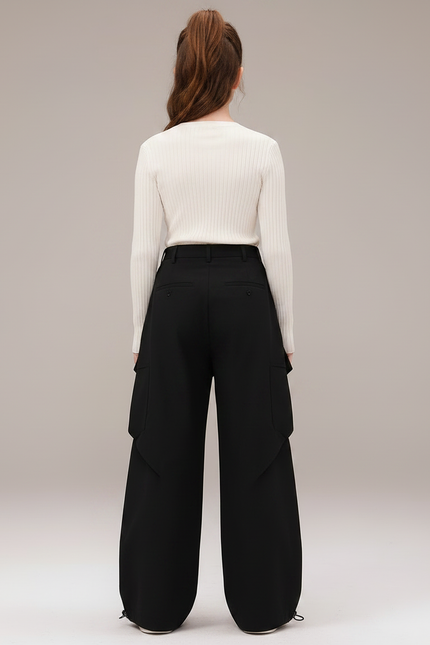 Pantalon Parachute Noir Ample Cargo Fille Urbain - Polyester - vue 2