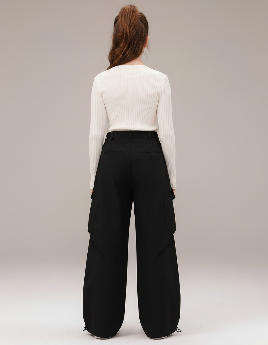 Pantalon Parachute Noir Ample Cargo Fille Urbain - Polyester - vue 2