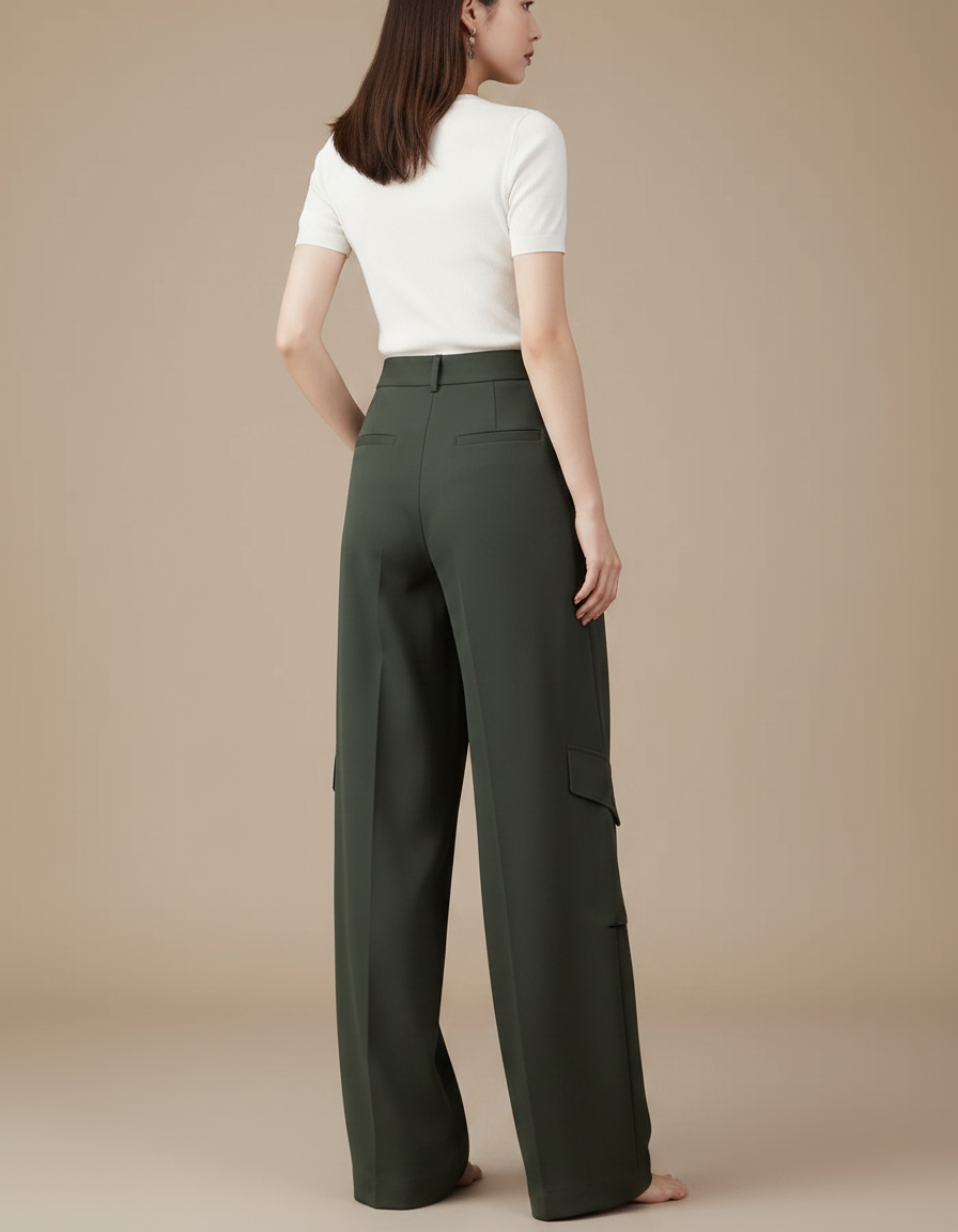 Pantalon Parachute Kaki Ample Cargo Évasé Femme - Polyester - vue 2