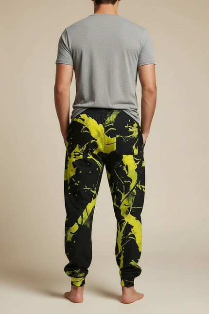 Pantalon Parachute Noir Jaune Imprimé Ample Décontracté - Polyester - vue 2