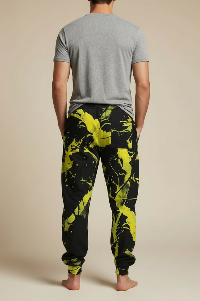 Pantalon Parachute Noir Jaune Imprimé Ample Décontracté - Polyester - vue 2