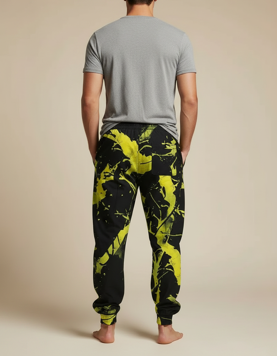Pantalon Parachute Noir Jaune Imprimé Ample Décontracté - Polyester - vue 2