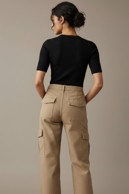 Pantalon Parachute Beige Cargo Ample Décontracté Femme - Toile - vue 2