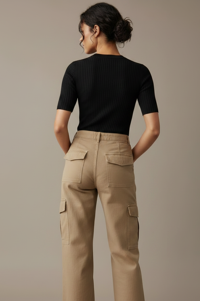 Pantalon Parachute Beige Cargo Ample Décontracté Femme - Toile - vue 2