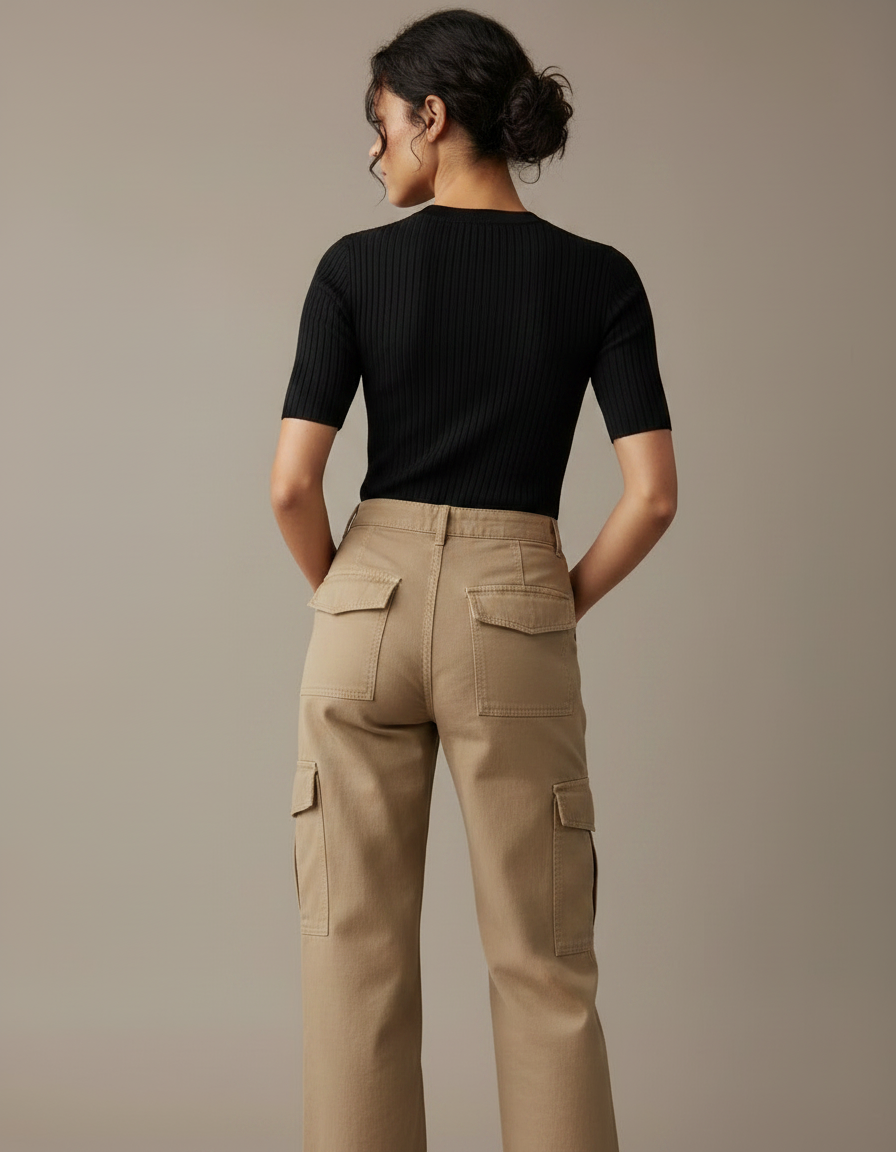 Pantalon Parachute Beige Cargo Ample Décontracté Femme - Toile - vue 2