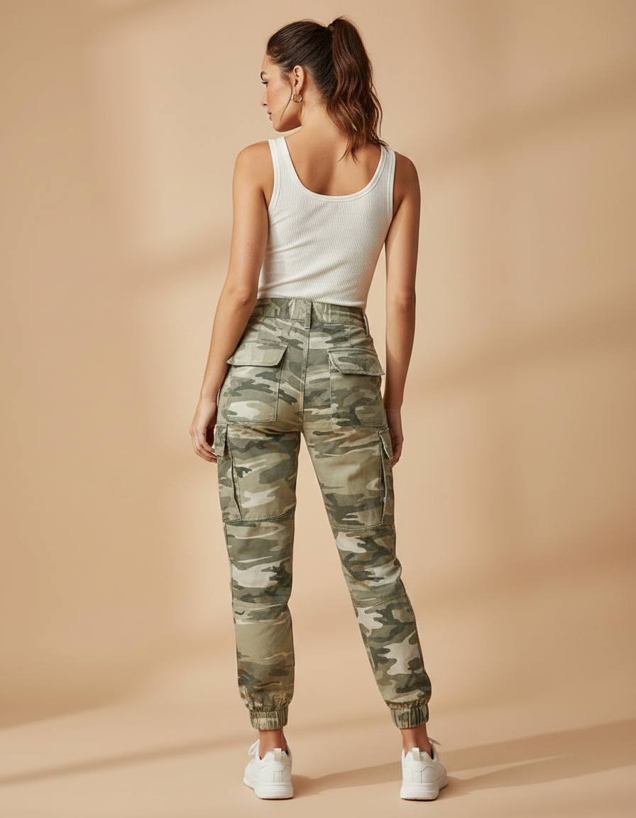 Pantalon Parachute Camouflage Cargo Slim Cordon Femme - Kaki Coton - vue 2