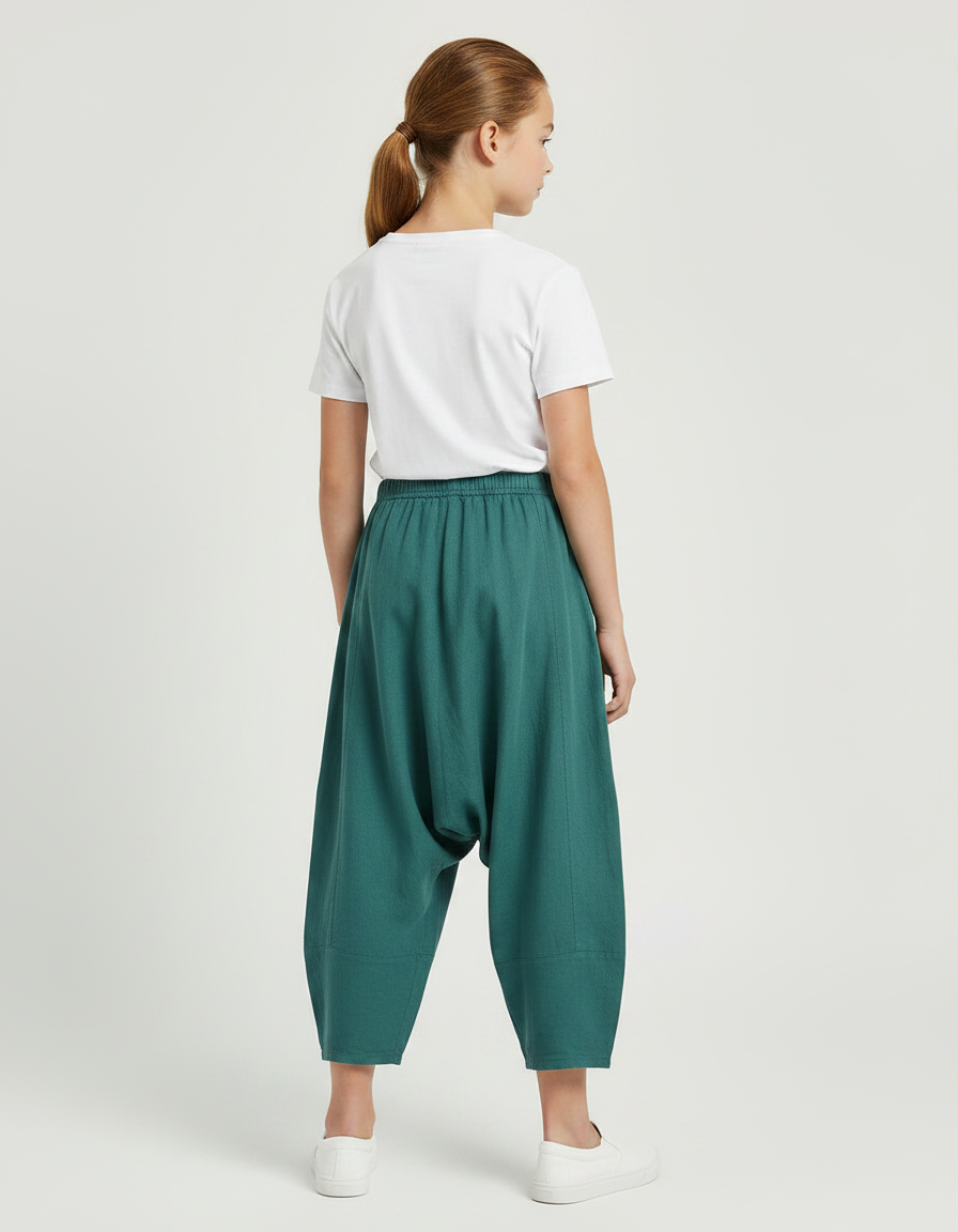 Pantalon Parachute Fille Baggy Toile Streetwear - Vert Lin - vue 2