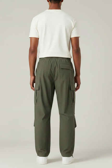 Pantalon Parachute Vert Cargo Ample Cordon Homme - Kaki Polyester - vue 2