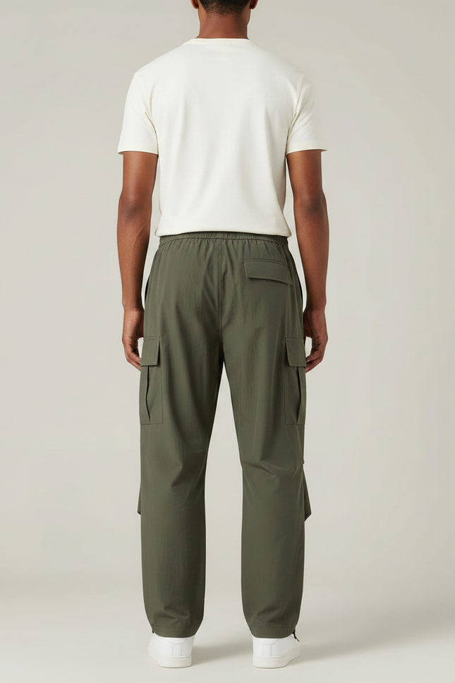Pantalon Parachute Vert Cargo Ample Cordon Homme - Kaki Polyester - vue 2