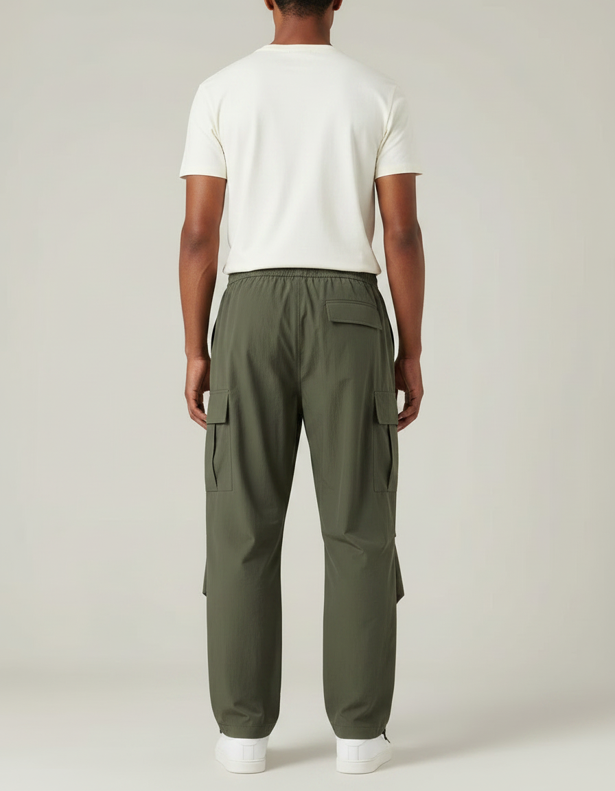 Pantalon Parachute Vert Cargo Ample Cordon Homme - Kaki Polyester - vue 2