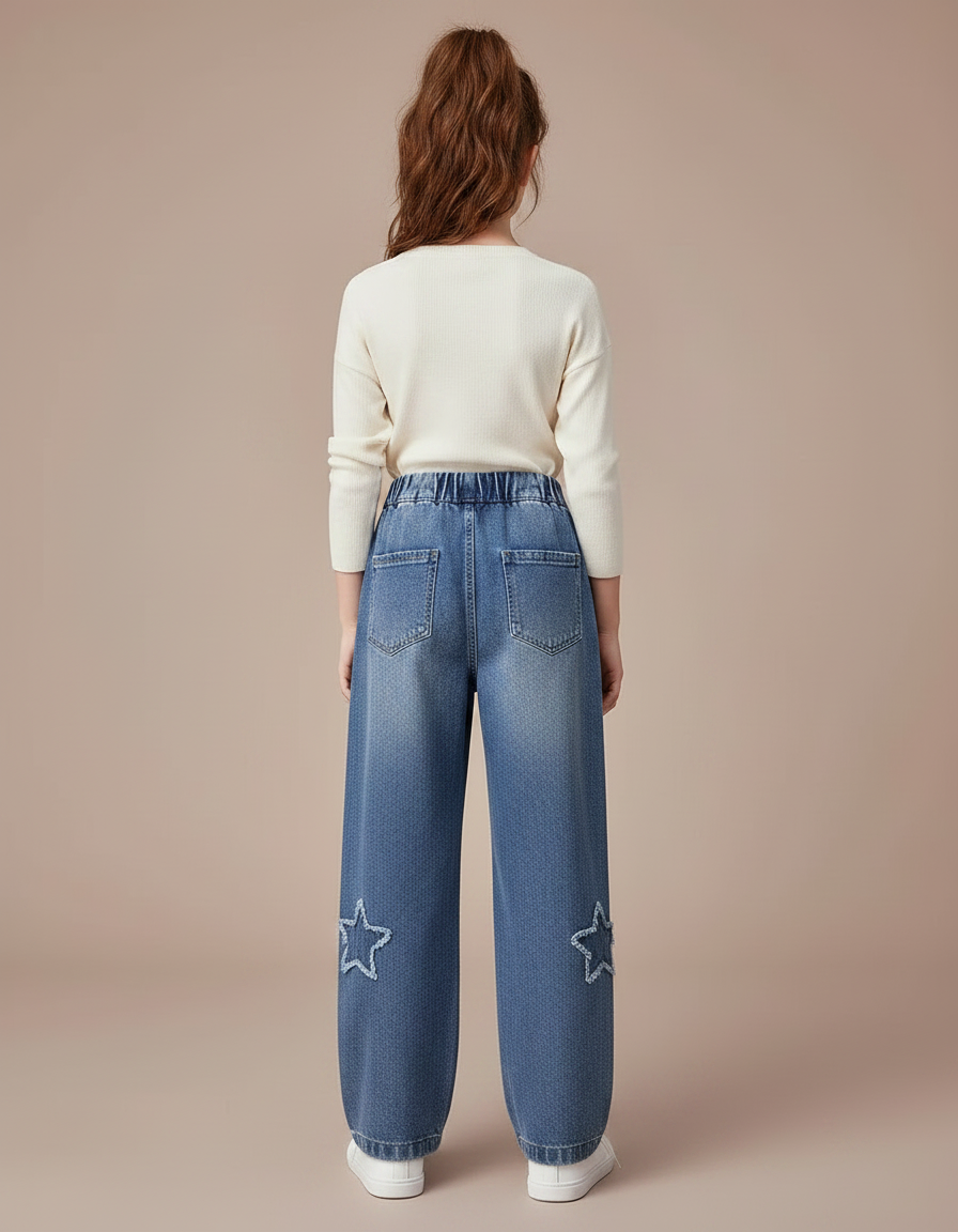 Pantalon Parachute Denim Étoiles Ample Fille Bleu Casual - Jean - vue 2