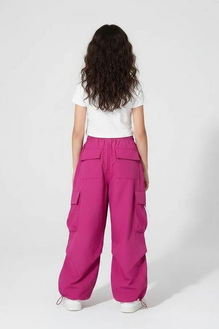 Pantalon Parachute Fuschia Ample Cargo Fille - Rose Polyester - vue 2