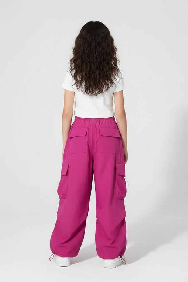 Pantalon Parachute Fuschia Ample Cargo Fille - Rose Polyester - vue 2