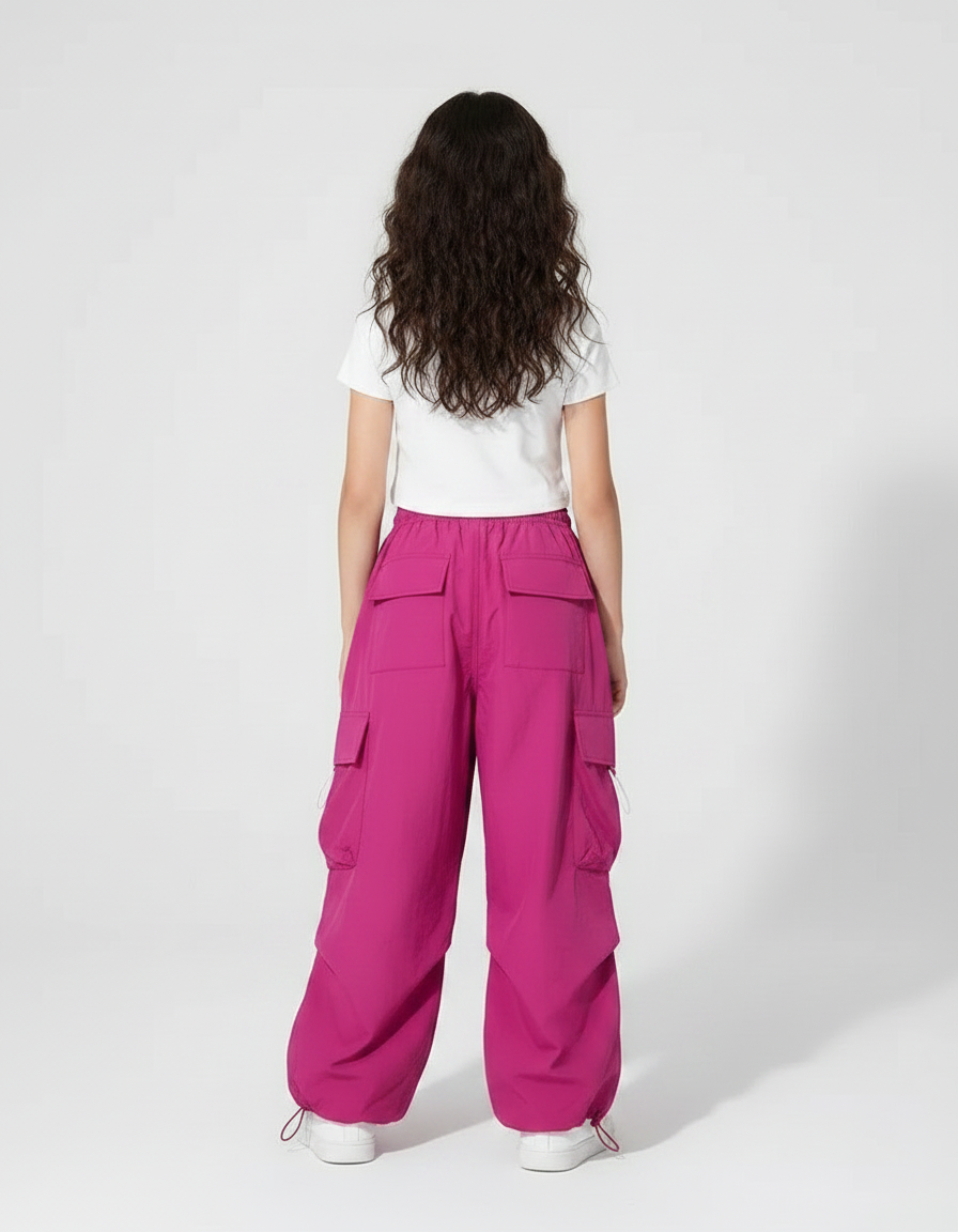 Pantalon Parachute Fuschia Ample Cargo Fille - Rose Polyester - vue 2