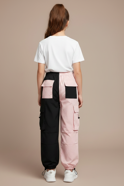 Pantalon Parachute Noir Rose Bicolore Cargo Fluide Fille - Multicolore Polyester - vue 2