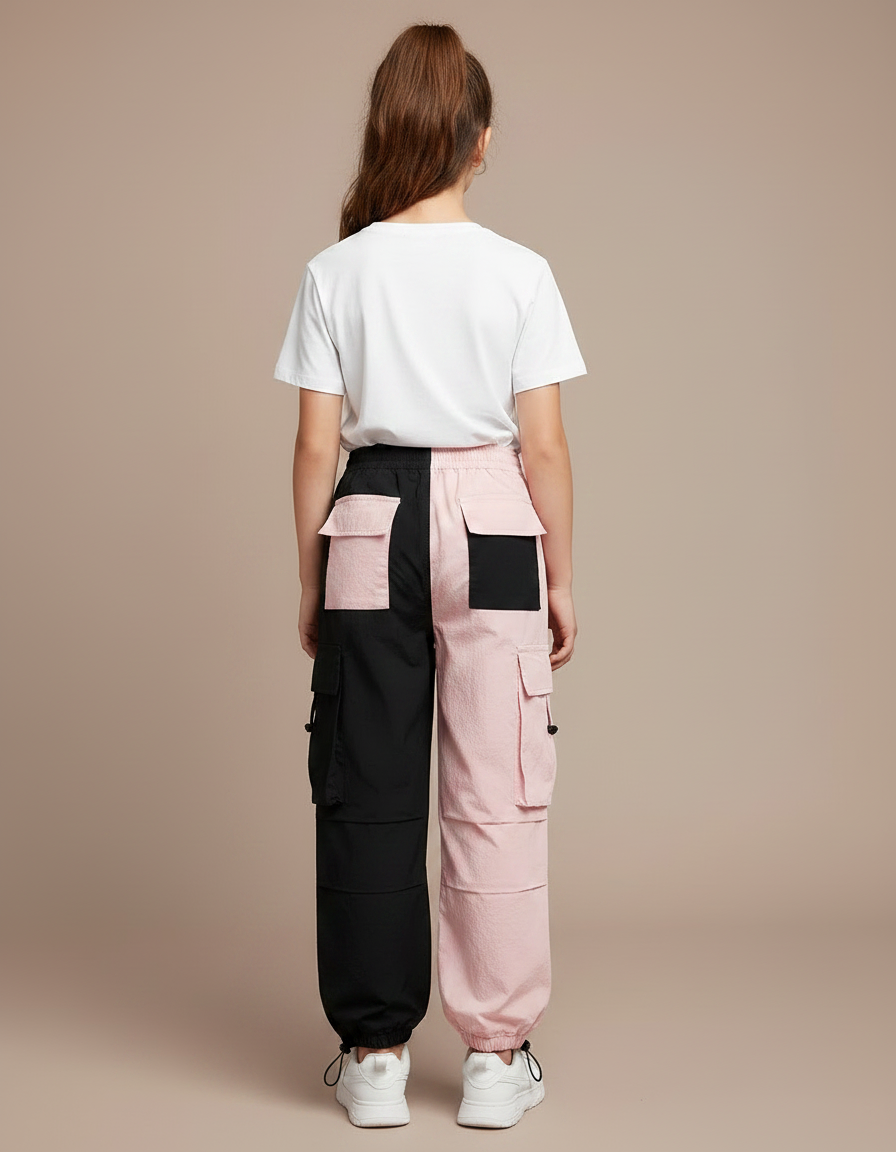 Pantalon Parachute Noir Rose Bicolore Cargo Fluide Fille - Multicolore Polyester - vue 2
