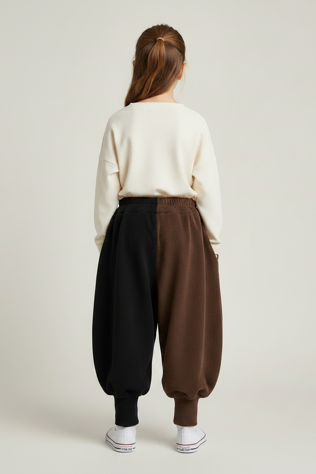Pantalon Parachute Bicolore Noir Marron Ample Côtelé - Multicolore Cordé - vue 2