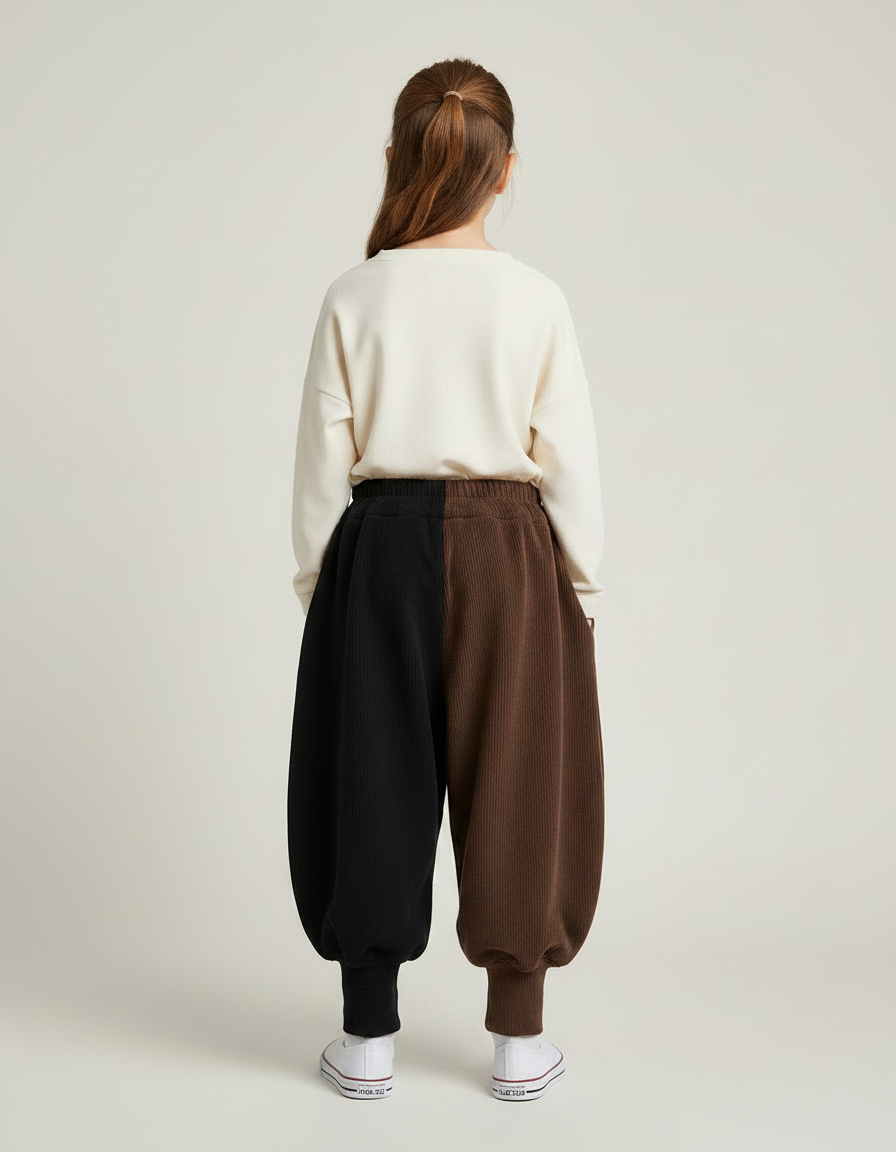 Pantalon Parachute Bicolore Noir Marron Ample Côtelé - Multicolore Cordé - vue 2