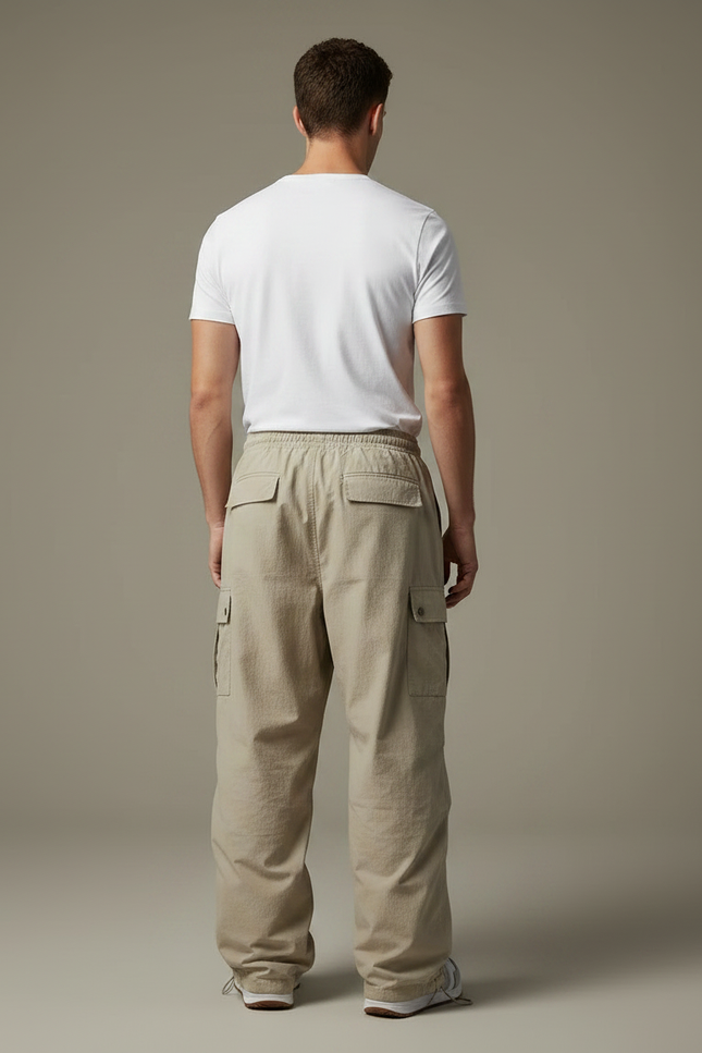 Pantalon Parachute Beige Ample Cargo Décontracté Coton Homme - vue 2